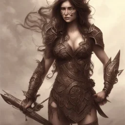 Warrior woman with medium wavy black hair, brown eyes, big breast, topless, glistening muscles, with a dagger in each hand.