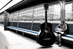 One single mature cat, guitar case, wearing clothes, sitting in the subway, Vienna, friendly, sunny day, model style, hyper realistic, extremely accurate, delicate, extremely detailed, Graphic novel style, wide-angle, open aperture, superfine pencil