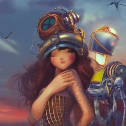 great illustrator, spanish, pencil sketch of a cute spanish girl kissing a cybergirl. steampunk style. Helmet with tubes. Girl with wings. Machinery in the background. Robotic bird flying. High details. 4k. unreal engine, sunset