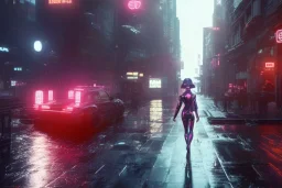 3D, beautiful, light reflecting, empty future city at night, rainy night, neon, cyberpunk, tron, person with helmet walking