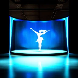 beautiful dance stage with no dancers in luxury modern hall dynamic lights, modern furniture light blue & gray theme