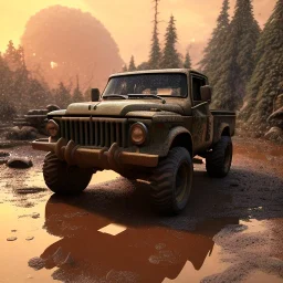 stylized hyperrealistic shot, muddy aggressive military toy truck, monotone color palette, sharp focus, puddle reflection, tire water splash, refraction, sunset, rocky terrain with huge boulders, detailed and intricate, cinematic composition, micro, tilt shift photography, unreal engine 5, octane render, 8k, cinematic lighting