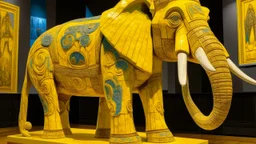 A yellow elephant designed in Mayan architecture painted by Vincent van Gogh