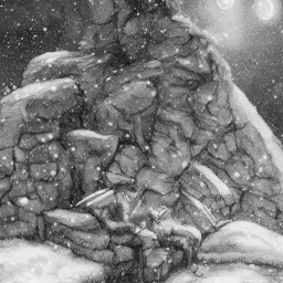 Realistic picture of a norse stone troll in the mountains, reading a book next to a firecamp and under the moonlight, with snow falling in the background and stars in the sky in a nostalgic mood --no dragon --no daylight --no hairs