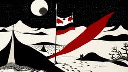 An abstract and contemplative illustration by Malevich and Kuniyoshi of a black and white desert landscape with a red pirate flag.