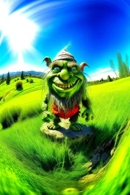 fisheye lens, portrait photo of troll standing in a grassy landscape, grassy hills, sunny day, bright, vibrant colors