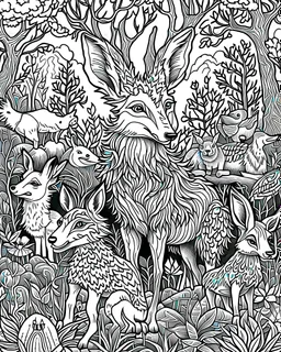 forest animals, coloring page, perfect composition, beautiful perfect coloring page, white, ((((black and white)))))