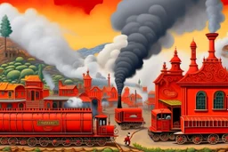 A red western town covered in smoke with a steam train designed in Oaxacan Alebrijes painted by Jeffrey Kolker