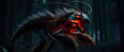 radiant werewolf lobster thick Skeleton with lotsa fluffy fur, motion blur background dark forest