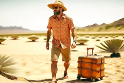 man on holiday, suitcases, explorer hat, Hawaiian shirt and shorts and sandals, in the desert, warm color