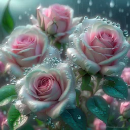 delicate, pink-mint lush bouquet of roses, complex, amazing, magical, gentle, sparkling dew drops, dawn, magically, in pastel transparent tones, hyperrealistic, lumen, radiance, professional photo, 5d, 64k, high resolution, high detail, cgi, f/16.1/300s, highly detailed digital painting, bright and juicy, photorealistic painting, solar illumination in the background, aesthetically pleasing, beautiful, Catherine Abel