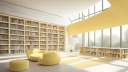 Modern yellow library interior with sunlight. Decor and desing concept. 3D Rendering