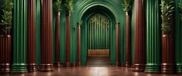 High-end hyperrealism epic majestic grand organ pipe, inspired cinematic photography, symmetry forest alley background, Aesthetic combination of sage green and walnut and honey red, Vintage style with brown pure leather accents, Art Nouveau visuals with Octane Render 3D tech, Ultra-High-Definition (UHD) cinematic character rendering, Detailed close-ups capturing intricate beauty, Aim for hyper-detailed 8K