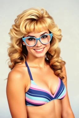 full color image, 1980's yearbook photo, girl, Dolly Parton, 18-year-old, a sly, clever smile on her face, 1980's style two-piece swimsuit, 4k UHD, photorealistic, big cat-eye eyeglasses, full body, head to toe,