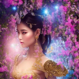 bright fairy, beautiful portrait of asiatique beautiful girl, flowery a magical crystal flower lys bougainvillier, blue gold house indian palace castle in the woods, magnolias pink,blue lake,sun,white swanns,pink vertical, blue lake,sharp, vines, candlelit, endor, ornate, elegant, highly detailed, artstation, concept art, smooth, sharp focus, illustration, 8k, splash art, wallpaper, key visual