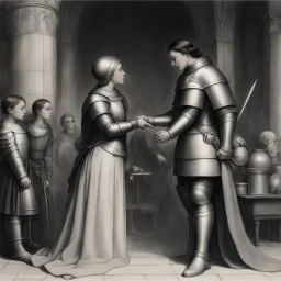 Joan of Arc approach the throne ; she can see the king studying her intently. She bows deeply, showing her respect, and Jean and Bertrand introduce her to the king.