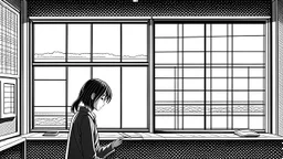 monochromatic japanese classroom with a shadowy figure looking out the window holding a transparent key emanating glow that colors the surroundings, anime