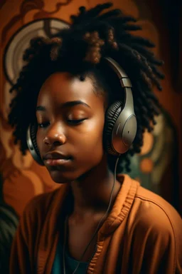 earthy black young woman listening to music with headphones, soul, peace, majestic, earthy colours, at peace, happy