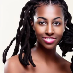 4K photo of young dark skinned black woman doing her hair. Dreadlocs. Bantu knots.