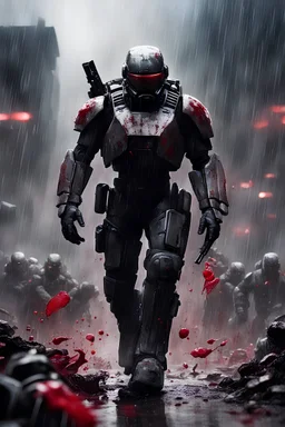 a single lone halo odst soilder covered in blood making his cinimatic last stand against a horde of enimes in the rain as he is about to die