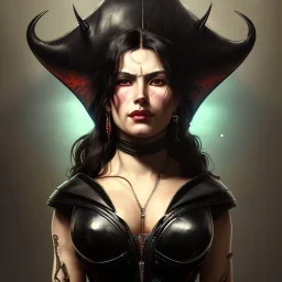 painted portrait of evil goddess in black leather, angry, strong, volouptous, busty, cleavage, emperious, mature, highly detailed, digital painting, artstation, concept art, smooth, sharp focus, illustration, art by gaston bussiere and alphonse mucha