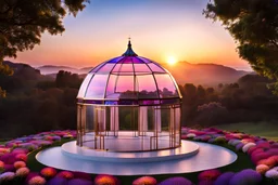 Grand dôme transparents à facettes, monture dorée, paysages grandioses, coucher de soleil, fleurs multicolores, petits dômes, glycines roses et mauves