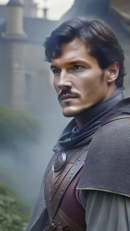 Photoreal low angle shot of handsome pedro pascal as a fighter in the middle ages in mystical mist in the afternoon