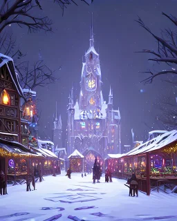 A magical snowy gothic warlock Christmas market with a large Christmas tree and a castle