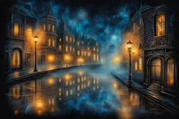 wide shot from unique made of lace, street scene behind a foggy glass, blurred silhouettes, impasto, long exposure, night, ink painting stunning landscape of different elements, epic glowing night background fantasy, highly detailed , masterpiece deep surreal background, cinematic