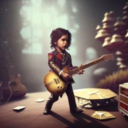 Origami, 3d render, Alice Cooper toddler, full body, guitar, dramatic lighting, volumetric lighting, music studio, background, hyper realistic, unreal engine 5, 8k, UHD,