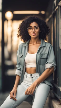 A realistic selfie-style self-portrait of a confident influencer aged arab18-37 in an urban setting, dressed in trendy sportswear or beachwear to showcase her slender figure. Her creative curly black hair shines under softbox lighting accentuating her flawless skin. The vintage camera shot with a macro lens introduces a charming bokeh effect. Every detail, from her complexion to body contour, is outlined for a high-quality image –ar 4:5 –testp –upbeta –octane.