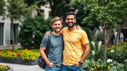 professional photo from happy couple men, one light brown and one black hair man in colorful city cloths t-shirt and jeans. city garden, summer, high realistic, detailed, canon photo, 64 megapixels, perfect composition