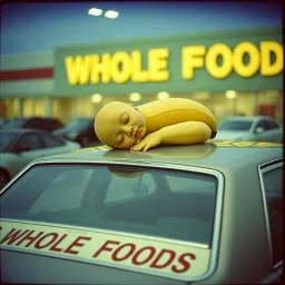 Vintage photograph of a sleeping anthropomorphic banana quadruped with the head of a human baby with eyes shut sleeping heavily on top of a sedan in a "WHOLE FOODS" parking lot, faded color photo, by Joel Peter Witkin, found footage, low contrast, vignette, bokeh, heavy film grain, surreal, absurd