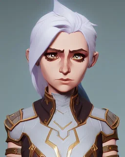 d&d character female cleric cheery armor white hair gold eyes smile