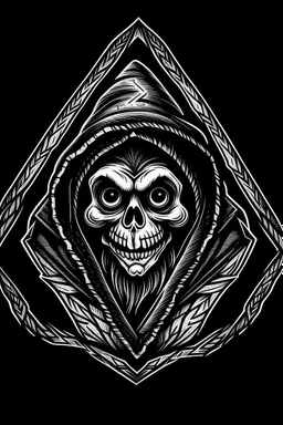 rat fink skeleton in a black hooded cloak drawn in a retro mascot style, inside a light diamond shape on a black background, monochromatic