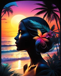 Stunning conceptual beach scene illustration in the silhouette of a woman's face. Beach with vibrant colors, sunset sky and coast with palm trees. Cinematic black background, looks like a window to a tropical paradise.12k 3D HD hyper-realistic Image quality CodeFormer AI 12K, cute flower fairy with bright wings like morning dew, flutters from flower to flower. Hair in curls, adorned with petals and pollen, mysterious phoenix woman, her silhouette made with interconnected and integrated elements