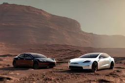 A Tesla 'Model S' is parked, at the Cydonia region on Mars. (CINEMATIC, WIDE ANGLE LENS, PHOTO REAL)