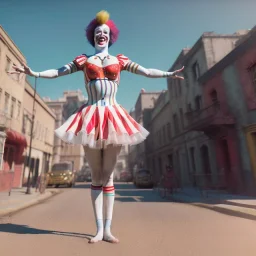 Ultra realistic circus scene. clown sweet woman, waist up view, Wes Anderson style, happy, highly detailed, concept art, unreal engine 5, god rays, ray tracing, RTX, lumen lighting, ultra detail, volumetric lighting, 3d, finely drawn, high definition, high resolution.