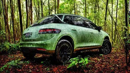 A Tesla's 'Model S Plaid' is parked, in a jungle of the Jurassic Period. CINEMATIC. WIDE ANGLE LENS. PHOTO REAL.