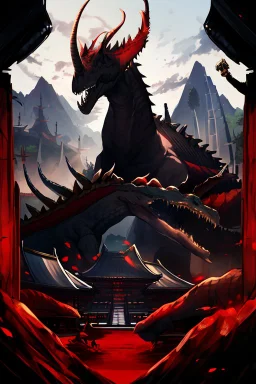 mountains, red and black, temple, dinosaur