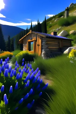 Cabaña en una montaña, plantas de lavanda en primer plano, día soleado, en el que se refleje la tranquilidad y armonía.