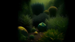 Contemplative, dreamy and realist photo of a garden made by geometric shapes. Shapes grainy and with a little blur. Colors are dark blue, golden brown and electric green.