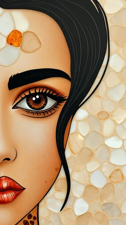A beautiful women face abstract with open large eyes pattern using a palette of mother of pearl, rosewood, ceramic,burnt amber beautiful black hair