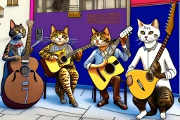 Group of three mature cats musicians, one cat playing guitar, one cat playing drums, one cat holding microphone and singing, street, Vienna, smiling, sunny day, model style, hyper realistic, extremely accurate, delicate, extremely detailed, Graphic novel style, wide-angle, open aperture, superfine pencil