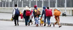 People carrying their big bags and their children walking in the same direction from right to left. We see them from the side and the background is empty.