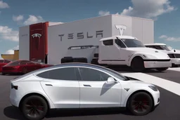 A Tesla 'Model Y' is parked, in the 'Kennedy Space Center' in Florida. (CINEMATIC, WIDE ANGLE LENS, PHOTO REAL)