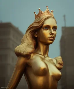 Statue of Queen of photography. Cute blonde woman. Photographer in golden crown. Standing on the street. Big camera in her hand. hyperdetailed, photorealistic, trending on artstation, greg rutkowski, beksinski, kodachrome