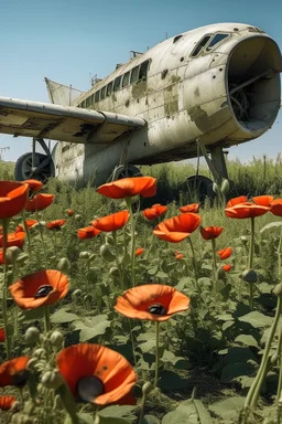 poppies growing out of a big abandon corroded old small airplane