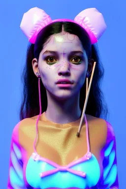 Ultra Realistic image, Rosalía artist, portrait, normal complexion, portrait, two bows with chopsticks hair , black eye long line, sweet face, t-shirt with holes, inflatable open coat, gold pink and blue style, spray line glow, big geometric led jewelry, fog, hot, inflatable style latex coat, vibrant color, highly detailed, art stations, concept art, smooth, unreal engine 5, god rays, ray tracing, RTX, lumen lighting, ultra detail, volumetric lighting, 3d, finely drawn, high definitio