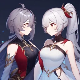 High quality, Detailed, 1girls, looking at eachother very angrily, wearing a genshin inspired outfit, the outfit has some holes, the outfit also has a very see through fabric, grey hair with on ponytail, red hair, about to slap eachother